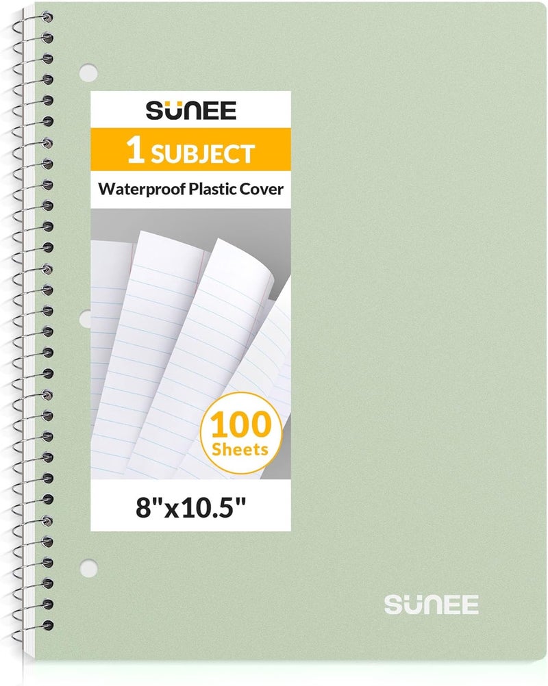 SUNEE Spiral Notebook, 1-Subject, Wide Ruled Paper, 8" x 10-1/2", 100 Sheets per Notebook, 3-Hole Punched Paper, Water Resistant Cover, Double-sided Pockets, Spiral Lined Notebooks for School, Green - Image 1